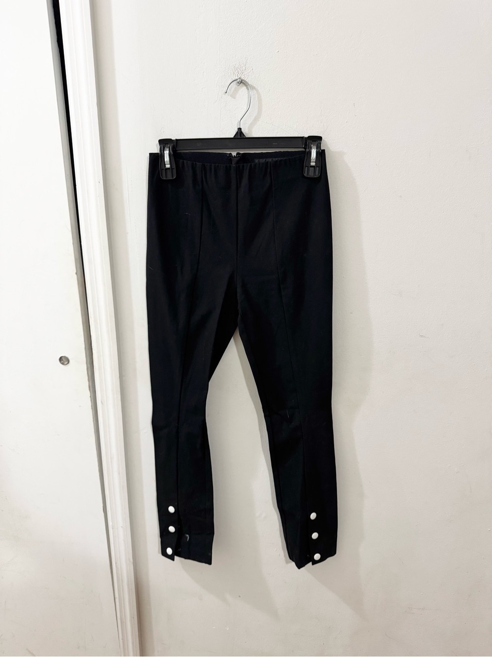 Rag & Bone Black Stretch Skinny Pants with Snap Button Hem, black, size 0